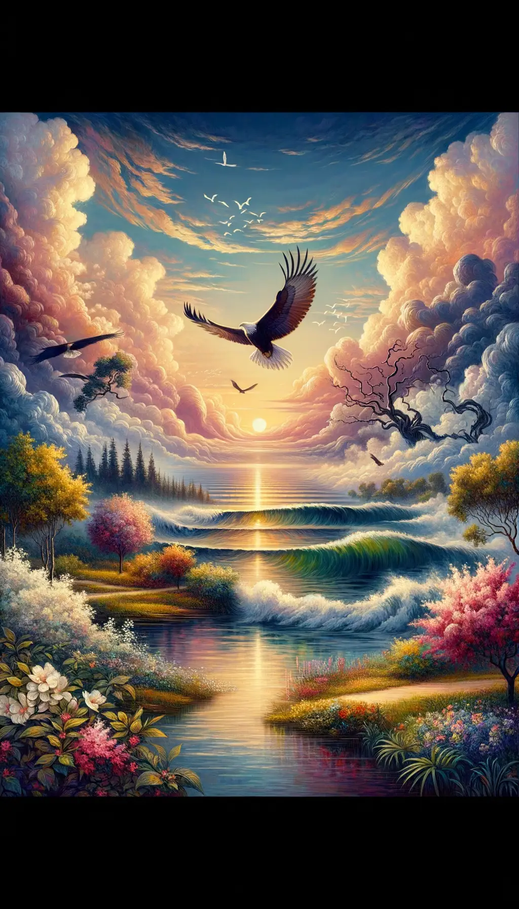 Eagle's Ascent: Harmonies of Resilience and Blossoms