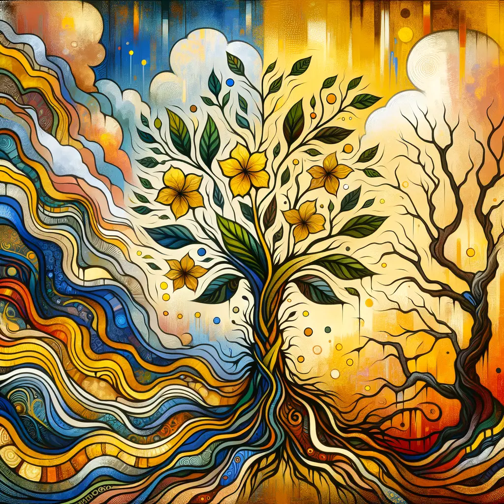 Title: "Golden Embrace: The Resilient Vine Blooms Amidst Decay