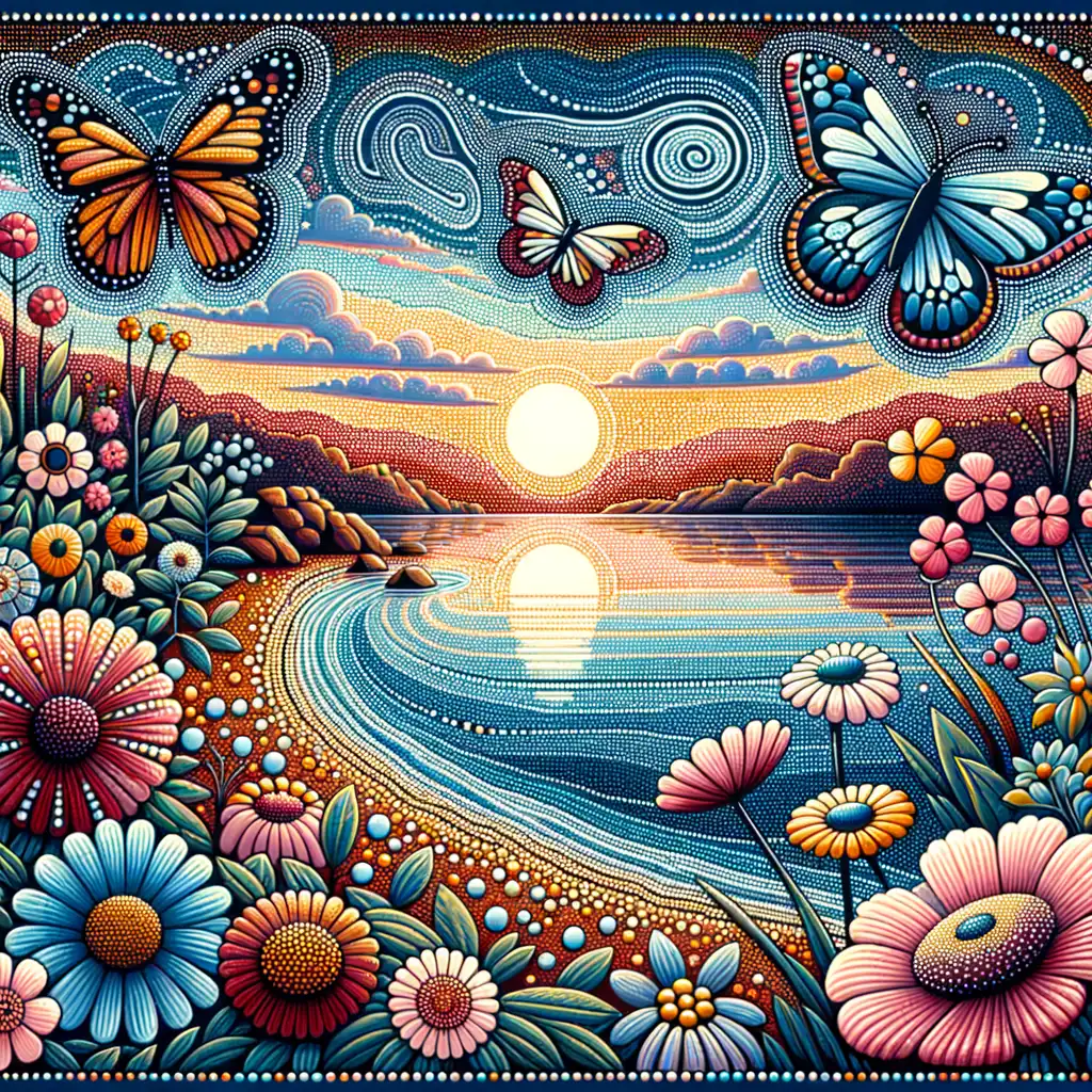 Whispers of Transformation: Blooms, Butterflies, and the Setting Sun