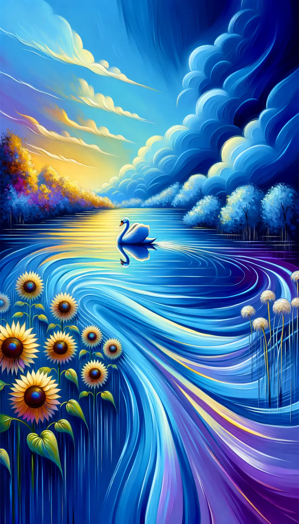 Tranquil Grace: Whispered Healing among Indigo Swans and Sunflowers