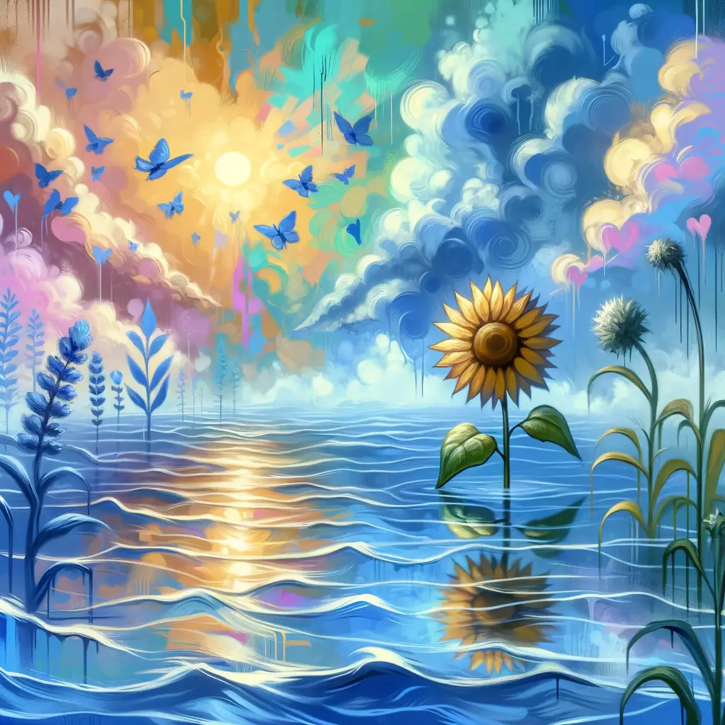 Whispers of Strength: A Sunflower's Sojourn Through Blue Waters