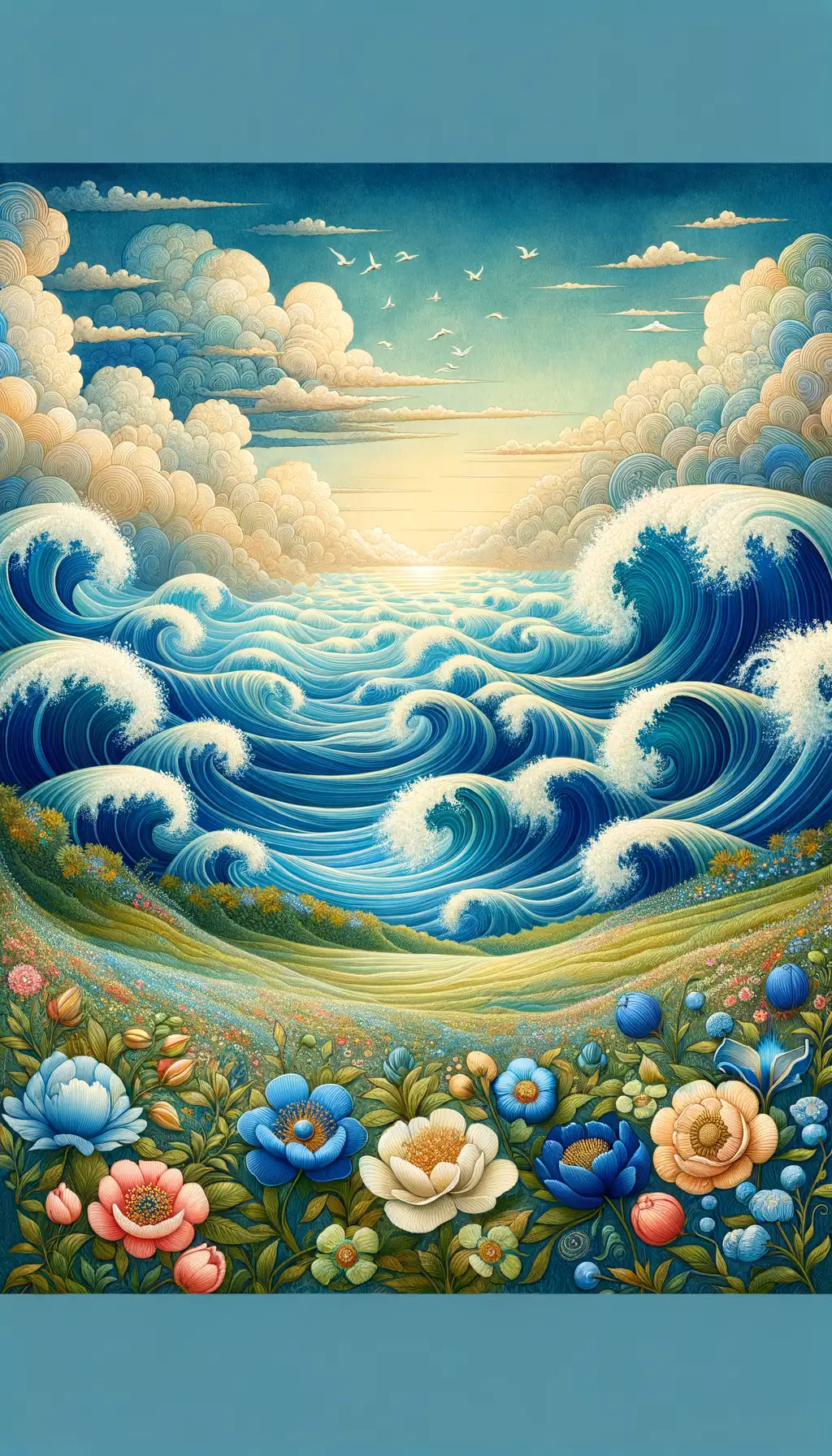 Fields of Tranquility: Blossoms of Peace in Azure Serenity