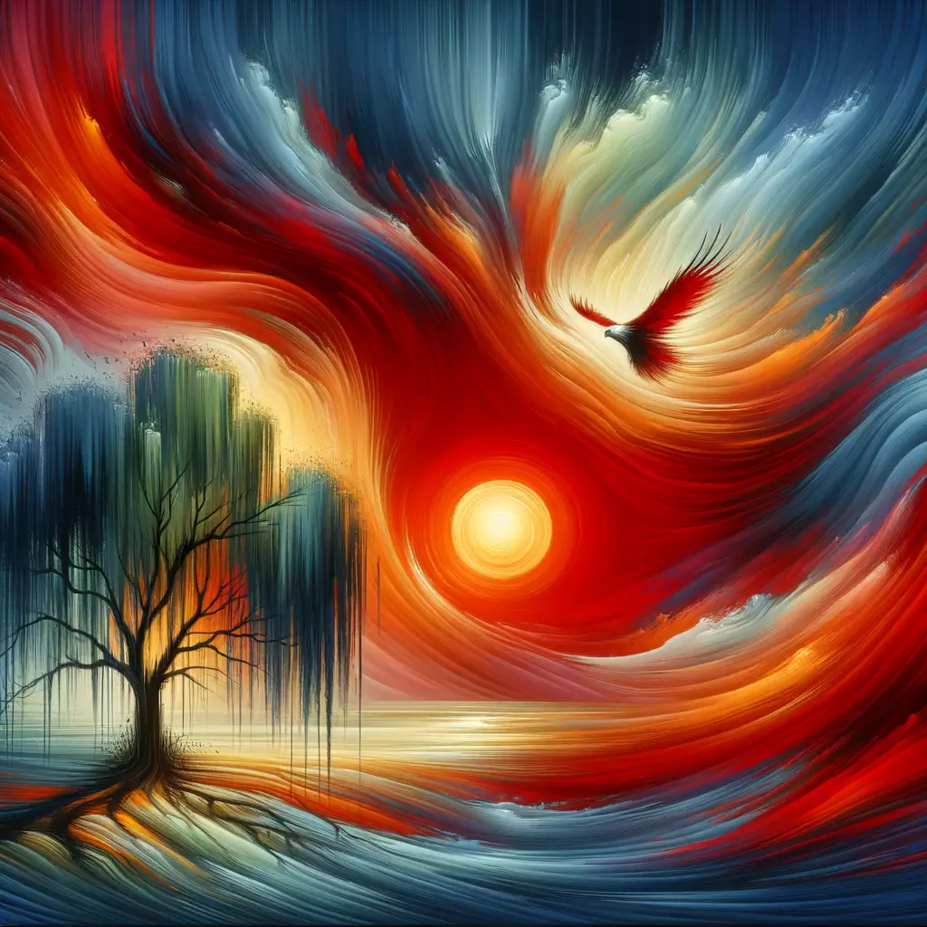 Whispers of Strength: Crimson Embrace in the Willow's Dance