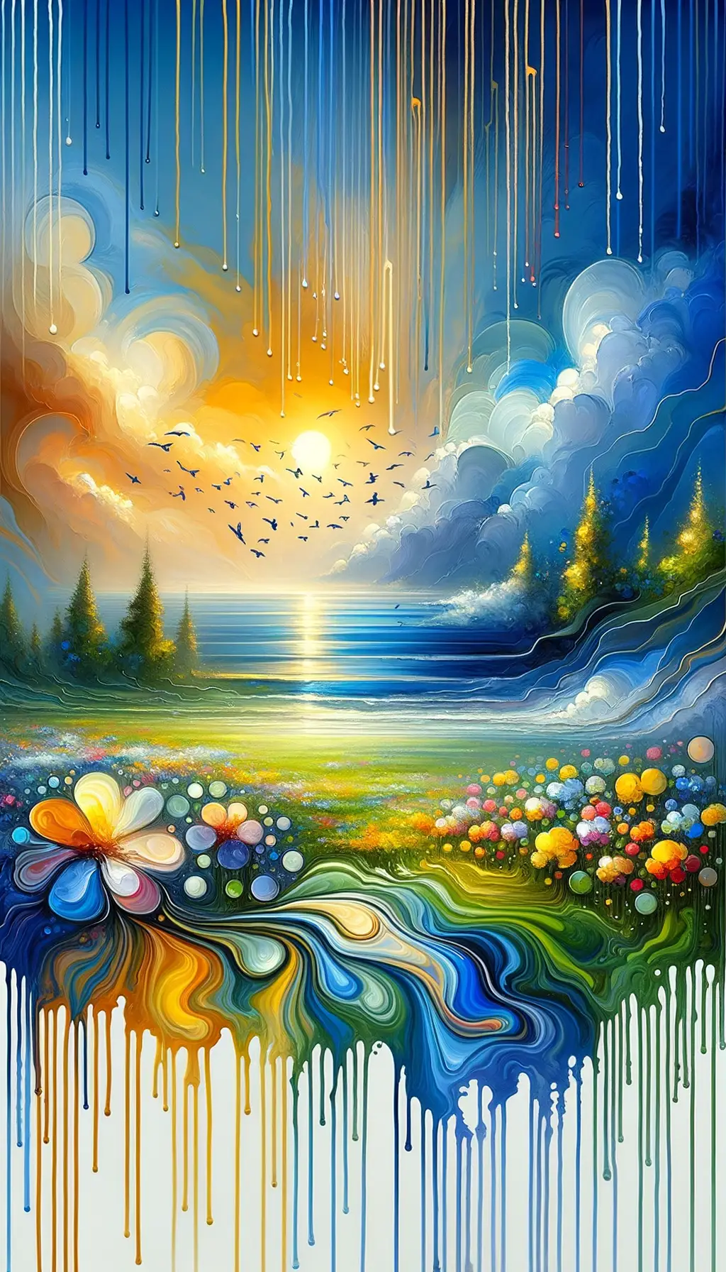 Whispers of Serenity: Blossoms in Rain, Sunset on Waves