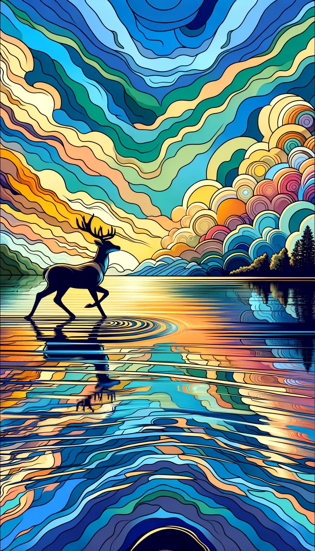 Echoes of Resilience: Graceful Deer by Tranquil Sunset Lake