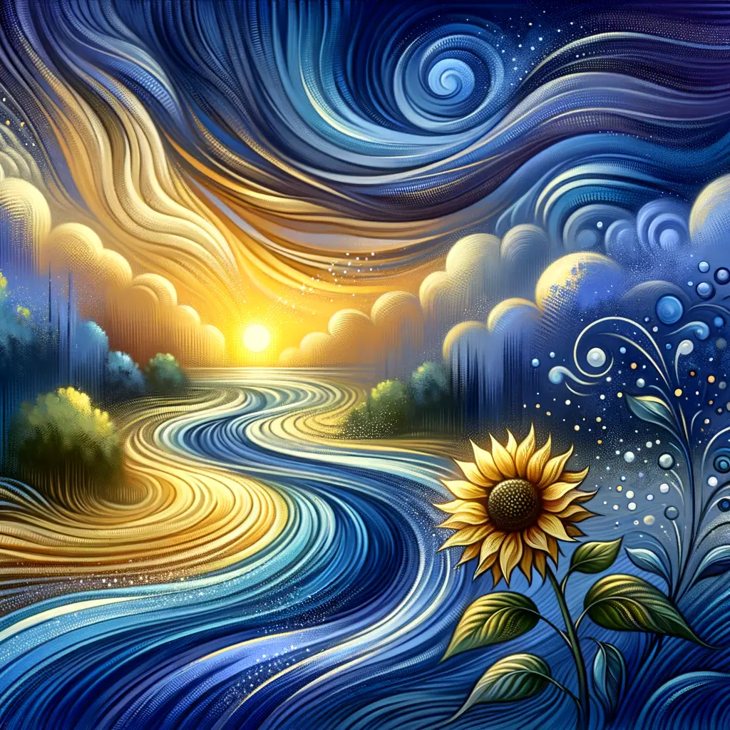 Title: Sunset Reverie: River's Flow, Sunflower's Glow