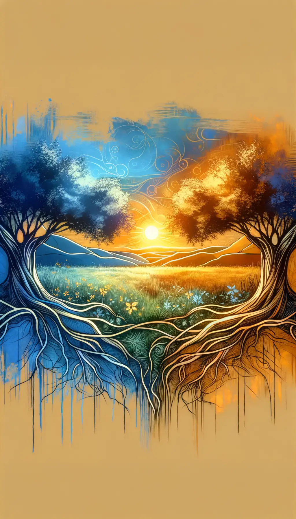 Whispers of Unity: Roots Embrace the Sunset's Harmony