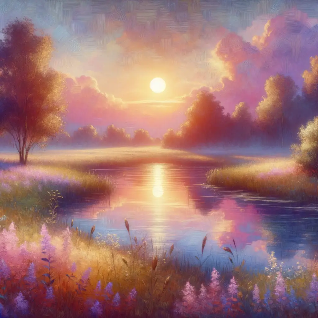 Whispers of the Sunset's Embrace: Blossoming Souls by the Tranquil Lake