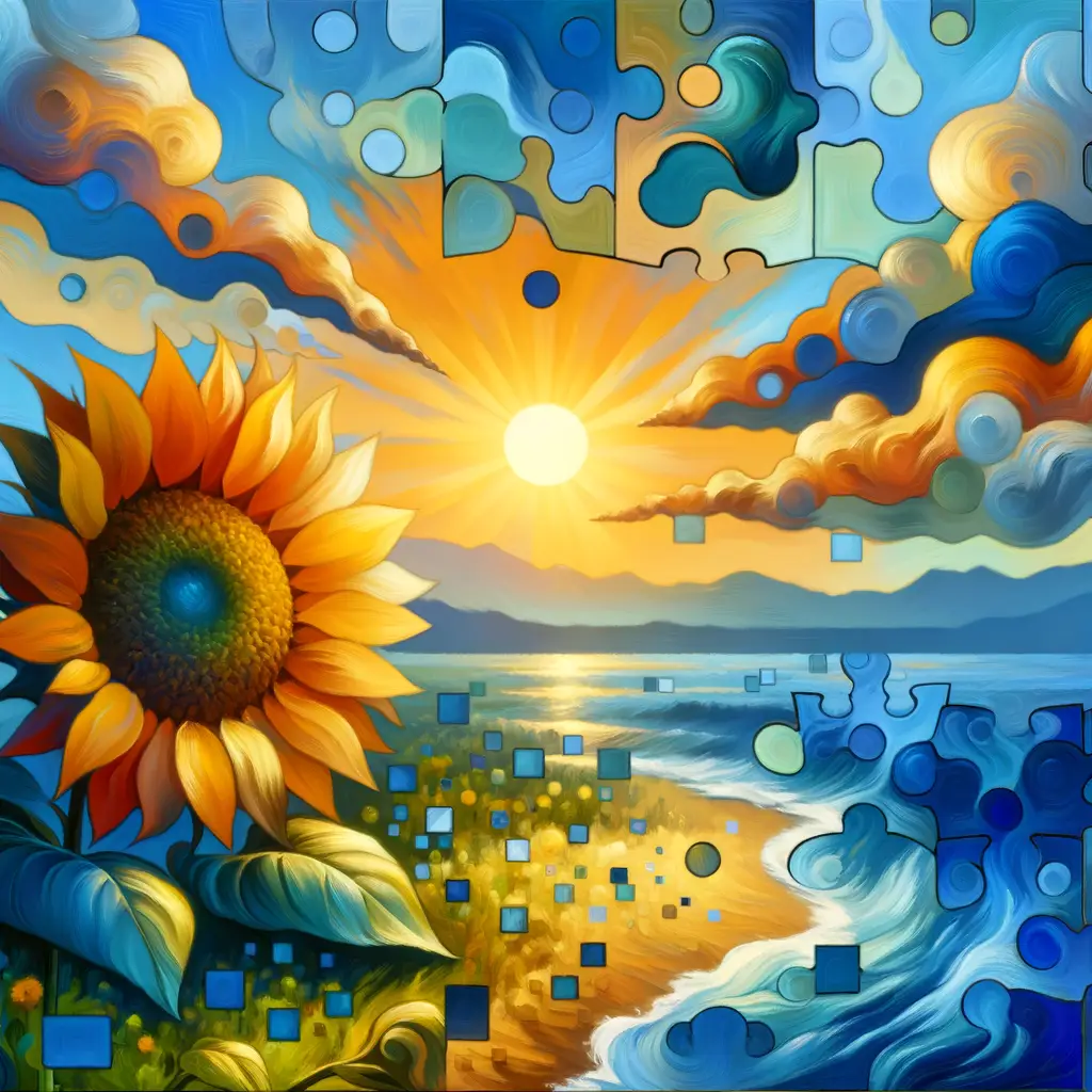 Whispers of Embrace: Sunflower Serenade in Ocean Blue Harmonies