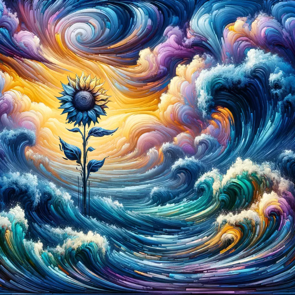 Whispers of Resilience: A Sunflower's Dance in Stormy Blues