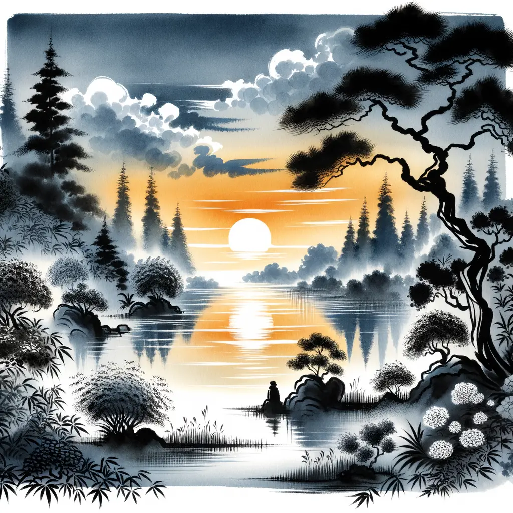Whispers of Growth: Sunset's Serenity in an Ink Wash Landscape