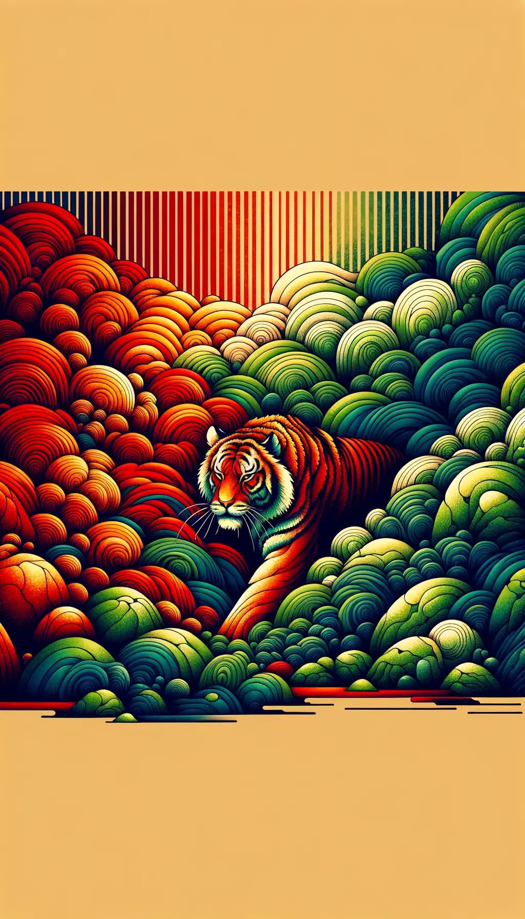 Title: "Tiger's Tale: Crimson Emotions, Verdant Resilience