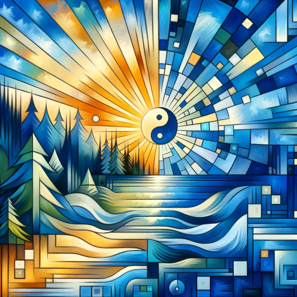 Harmony Unveiled: Dawn's Embrace in Azure Cubism