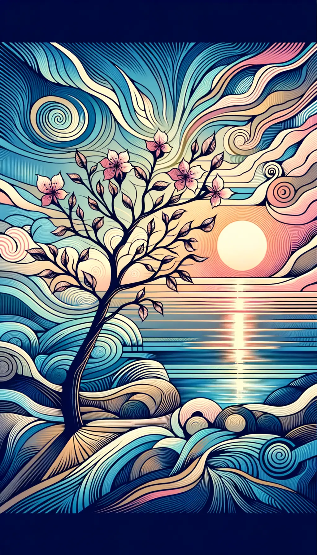 Tranquil Reverie: Blossoms of Renewal and Sunset's Whisper