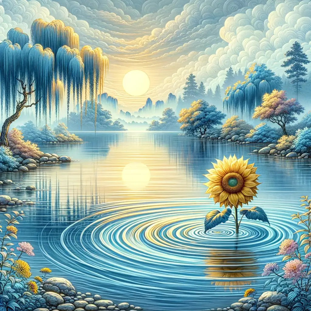 Sunflower Reflections: A Tranquil Symphony of Blue and Pink