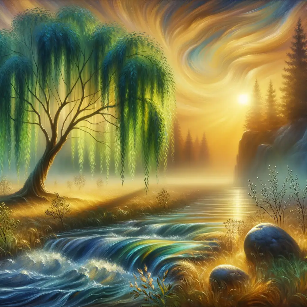 Sacred Reverie: Dawn's Embrace in Willow's Hush