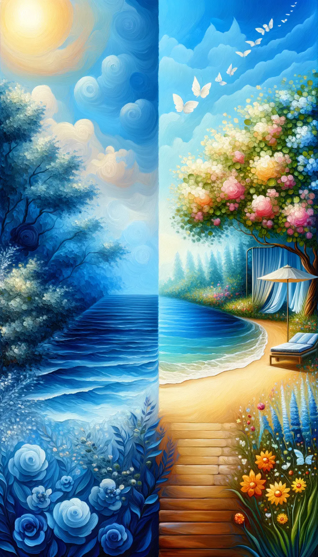 Cerulean Reverie: Whispers of Tranquil Gardens and Oceanic Dreams