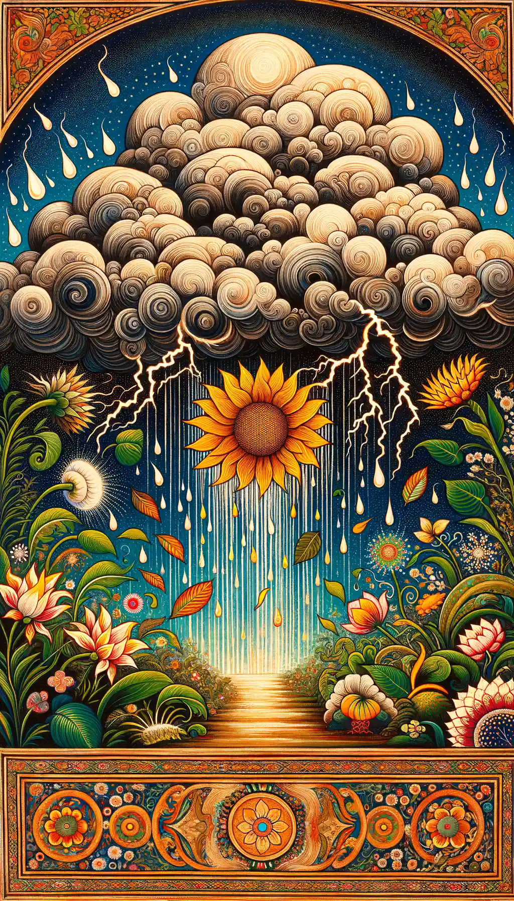 Sacred Rebirth: Sunflower's Dance Beneath Tempestuous Skies