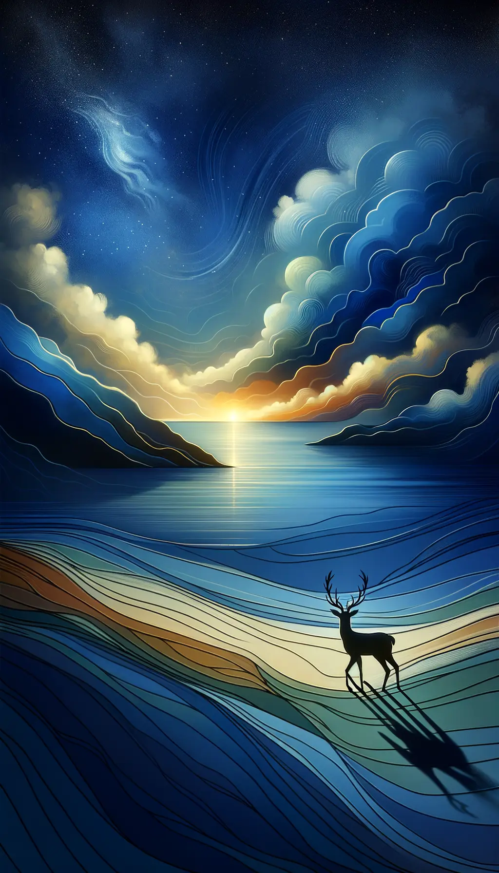 Ethereal Dialogues: Deer, Ocean, and Sky Unite