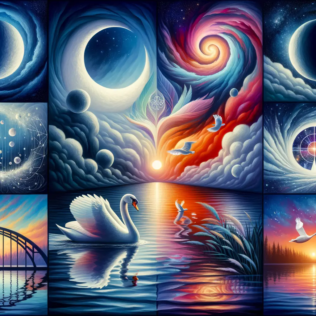 Whispers of Transformation: Night Ocean, Swan, and Sunset
