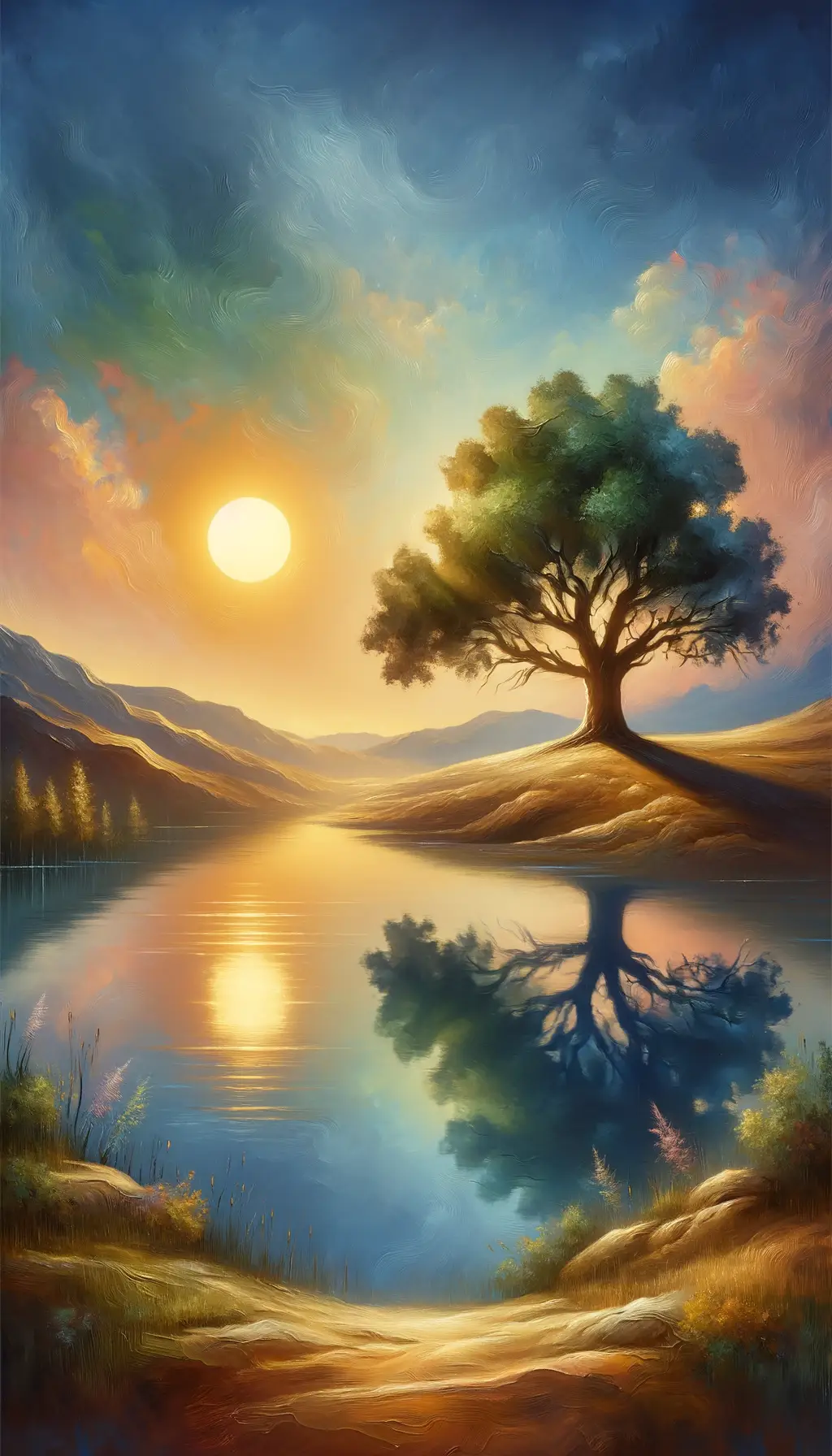 Resilient Roots: Sunlit Serenity at the Oak Lake