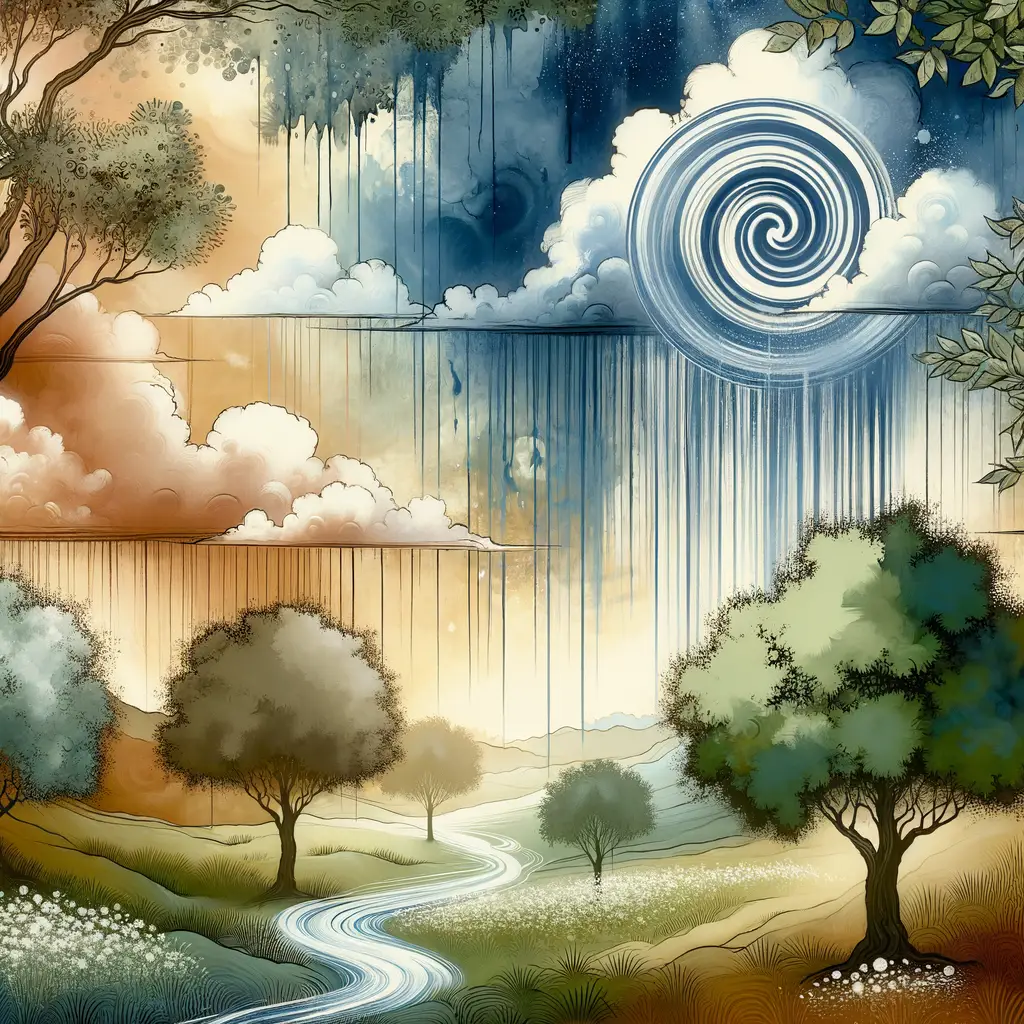Serenity's Embrace: Rainfall, Spiral, and Sunlight's Whisper