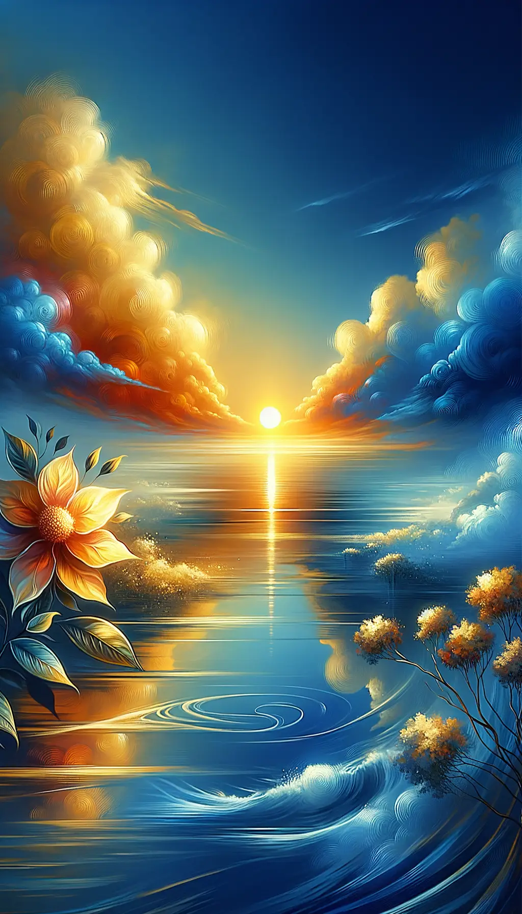 Cerulean Reflections: Sunrise, Blossoms, and Healing Seas