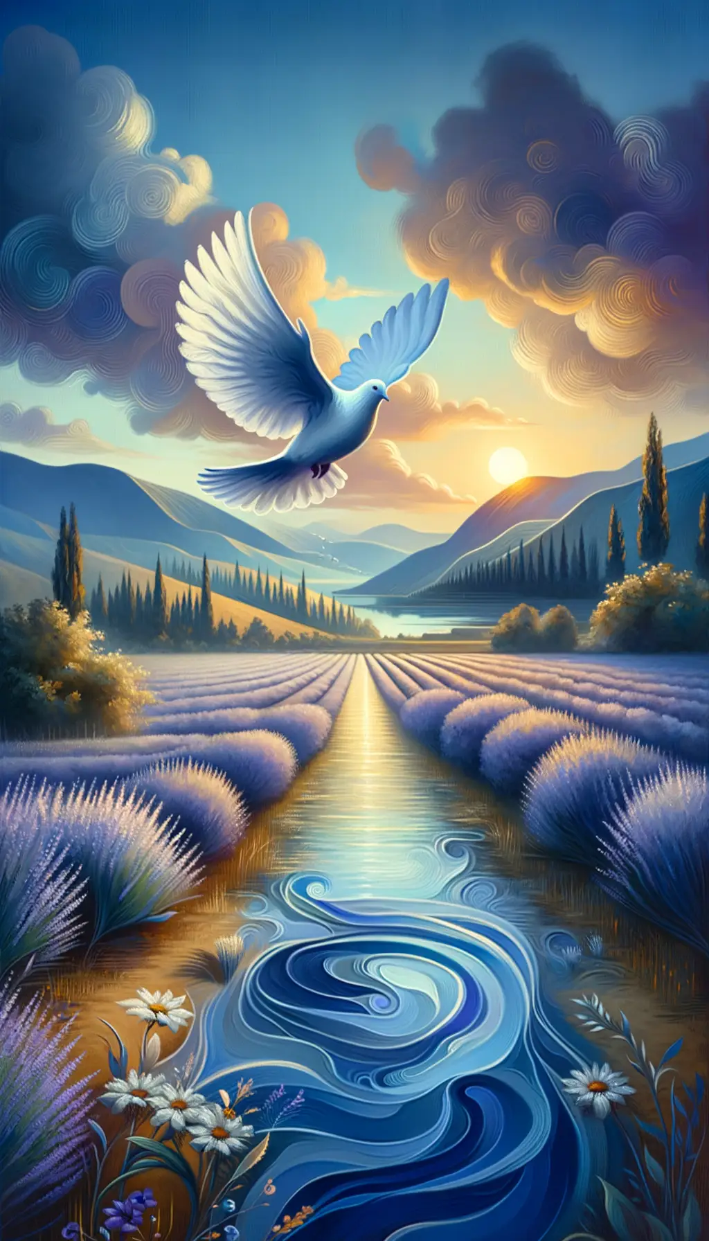 Gentle Dove's Tranquil Symphony: Sunset Over Lavender Fields
