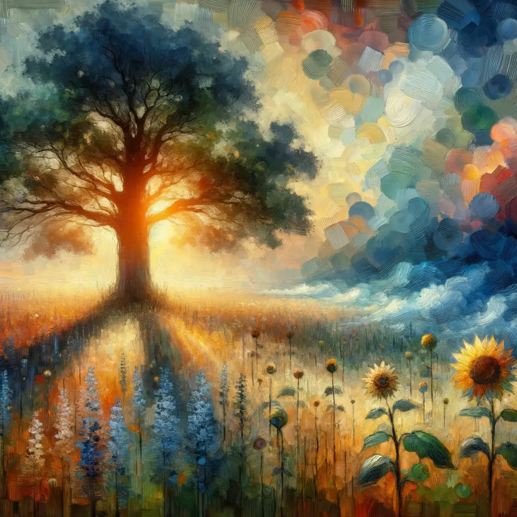 Whispers of Tranquility: The Oak, Sunflower, and Deep Blue