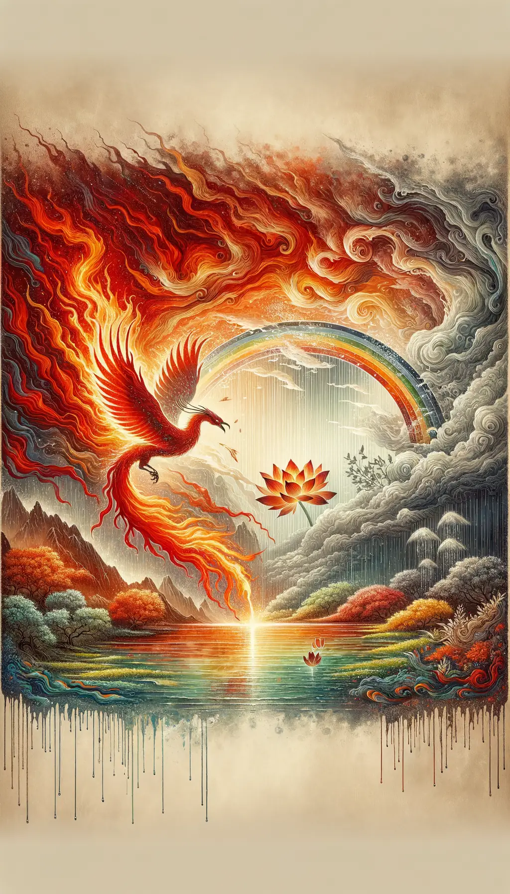 Rising from Flame and Rain: Phoenix Rebirth in Lotus Waters