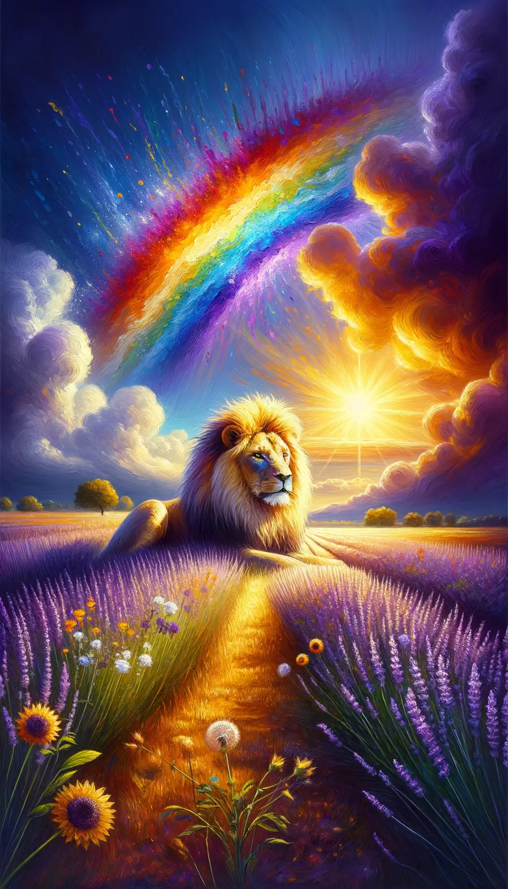 Therapeutic Lion's Blossoming Strength: Rainbow Dance in Lavender Dusk
