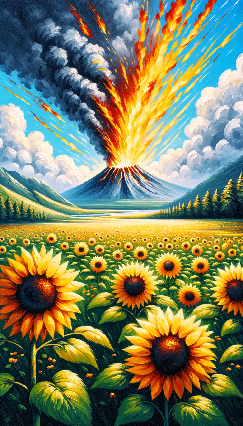 Whispers of Resilience: Meadow of Sunflowers and Volcano Embrace