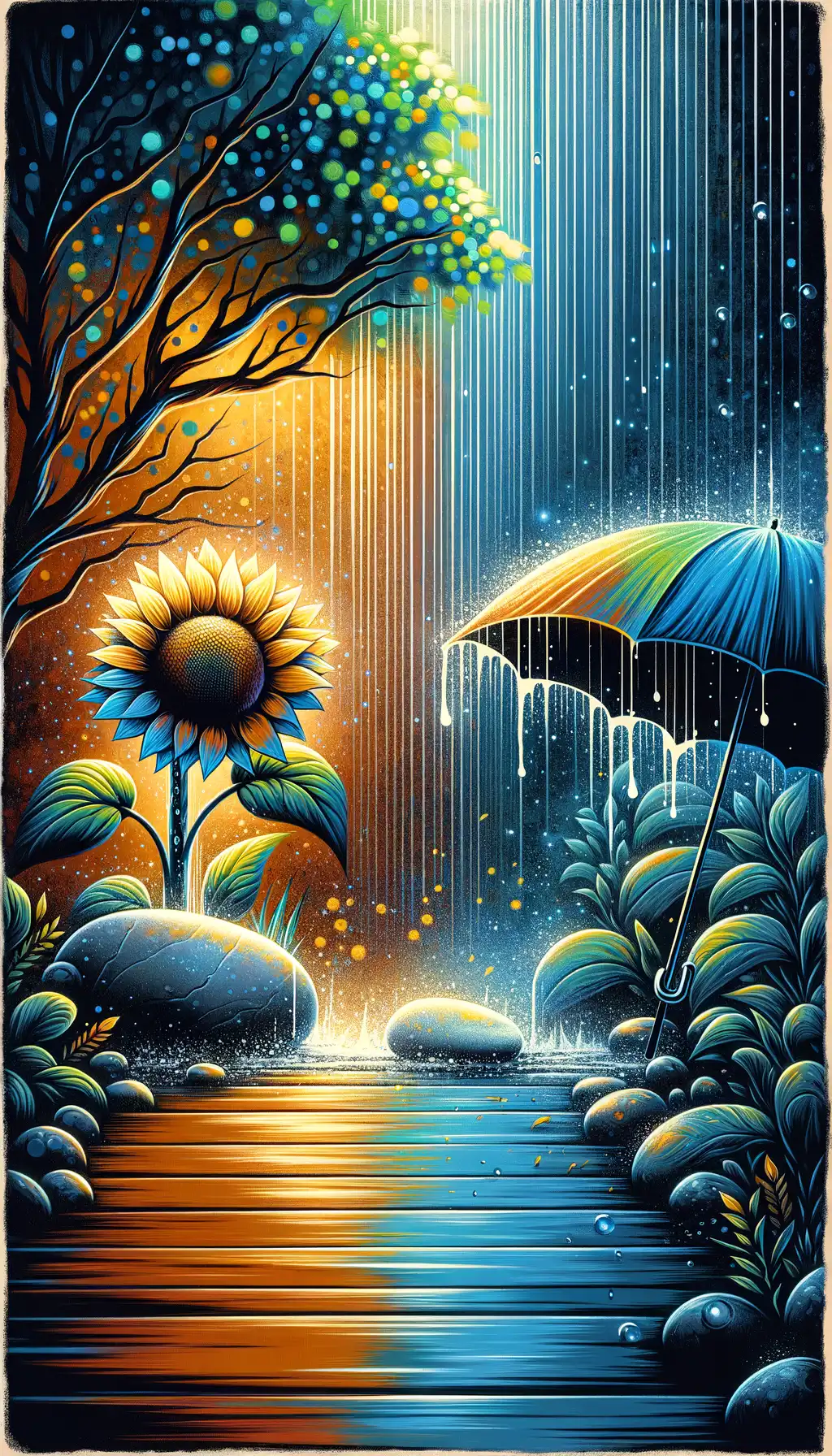 Sunflower Symphony: Rain's Embrace of Anxious Renewal