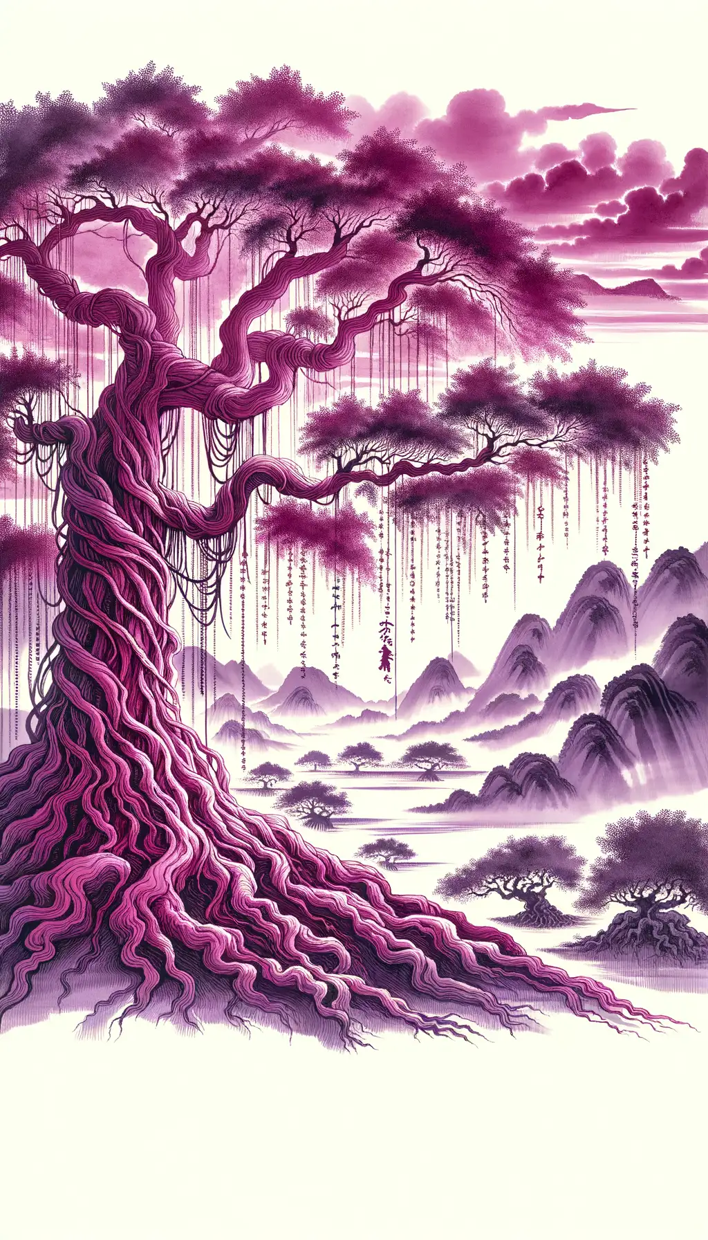 Whispers of Serenity Beneath the Magenta Banyan