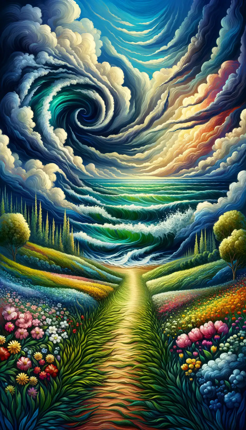 Emerald Serenade: Vortex of Blossoms and Waves