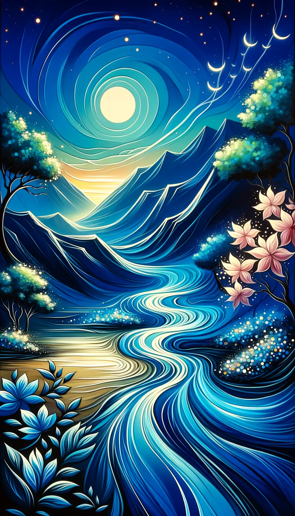 Whispers of Azure Tranquility: Illuminated Grace on Graffiti Rivers