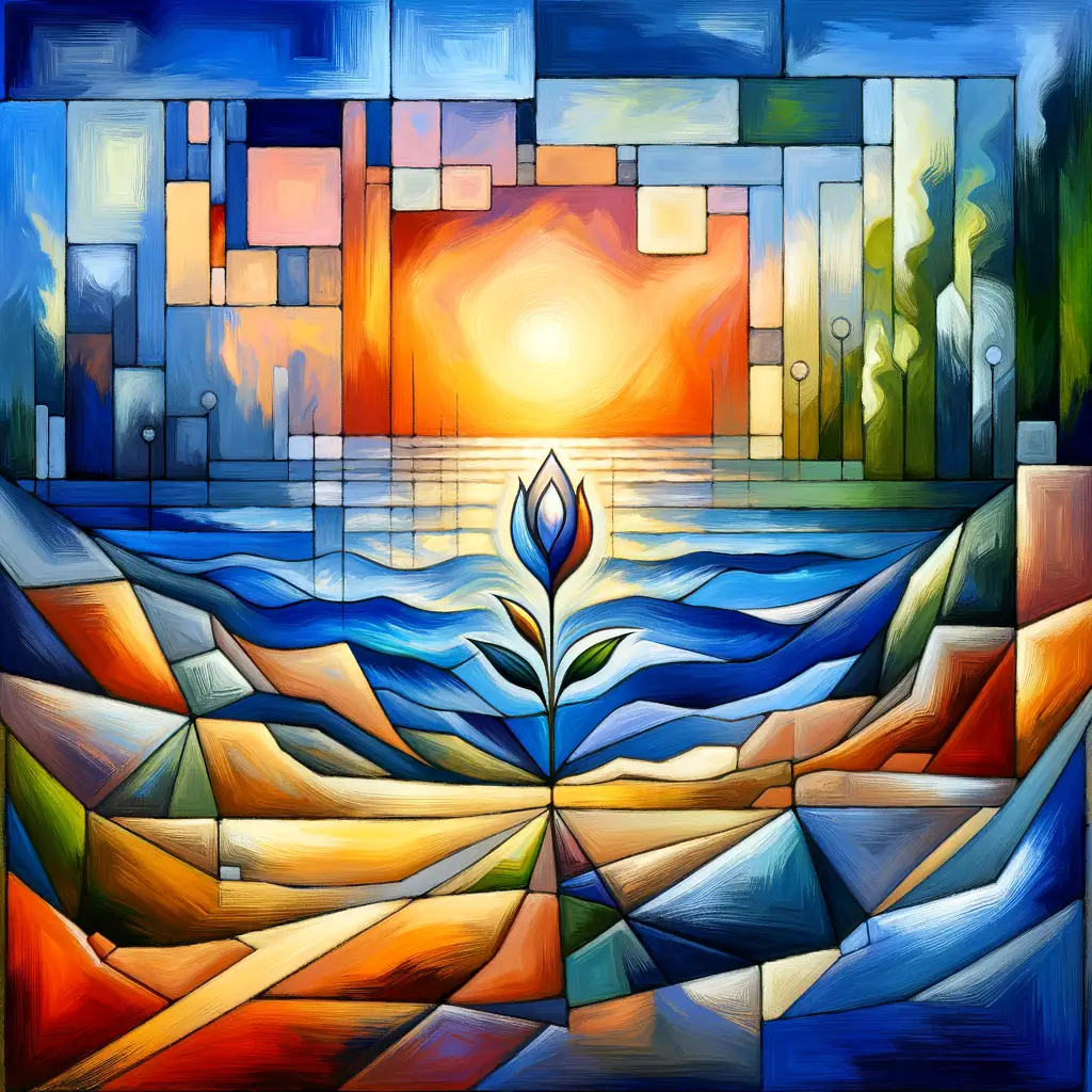 Awakening Essence: Depths of Reflection in Cubist Tranquility