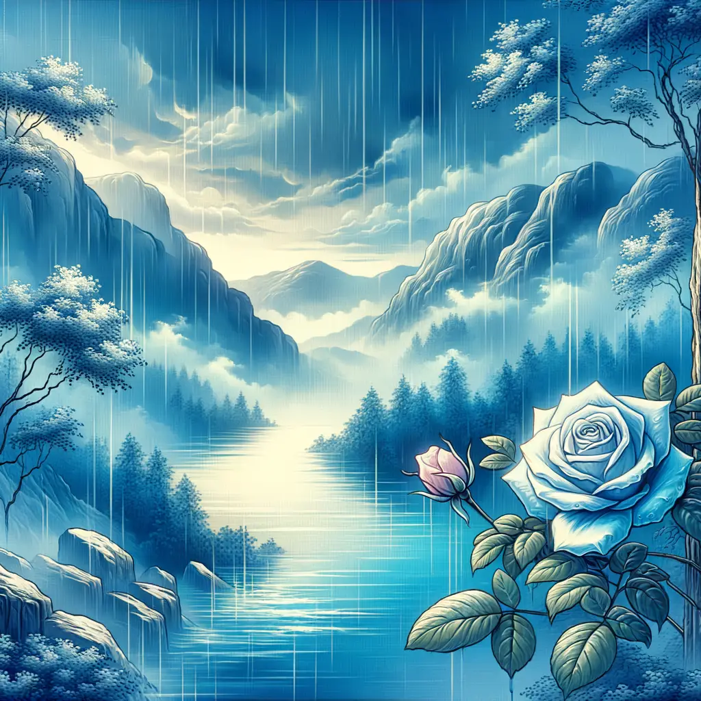 Serenity in Azure: Whispering Roses Under Rain