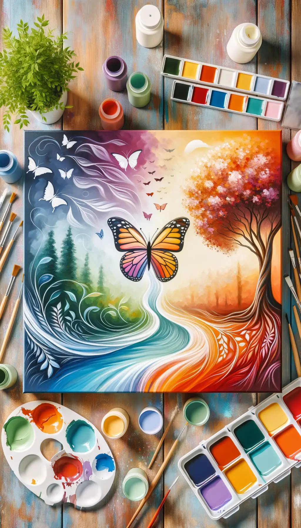Whispers of Tranquility: Butterfly's Dance Amongst the Blooming Tree