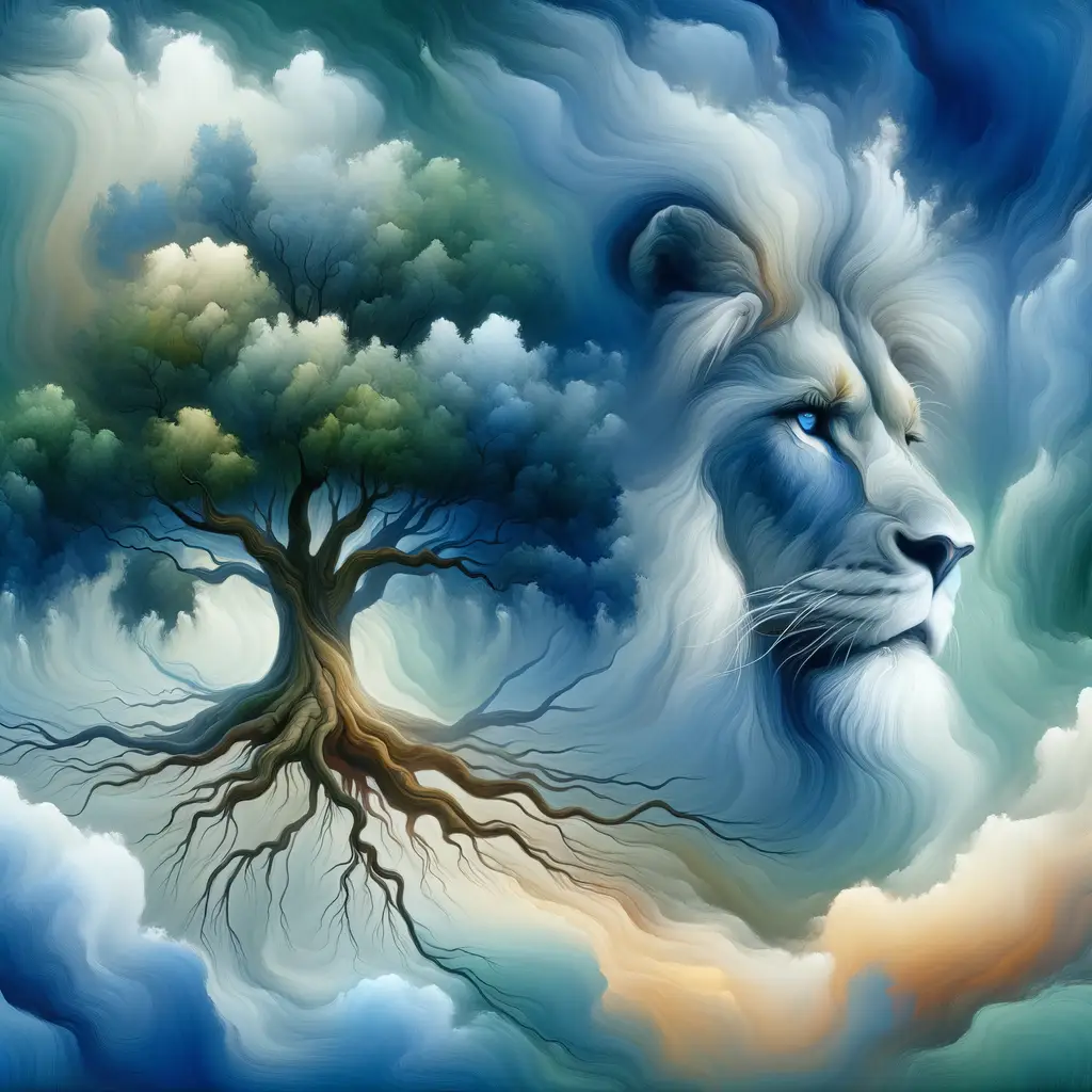 The Resilient Oak and The Gentle Lion: A Watercolor Embrace