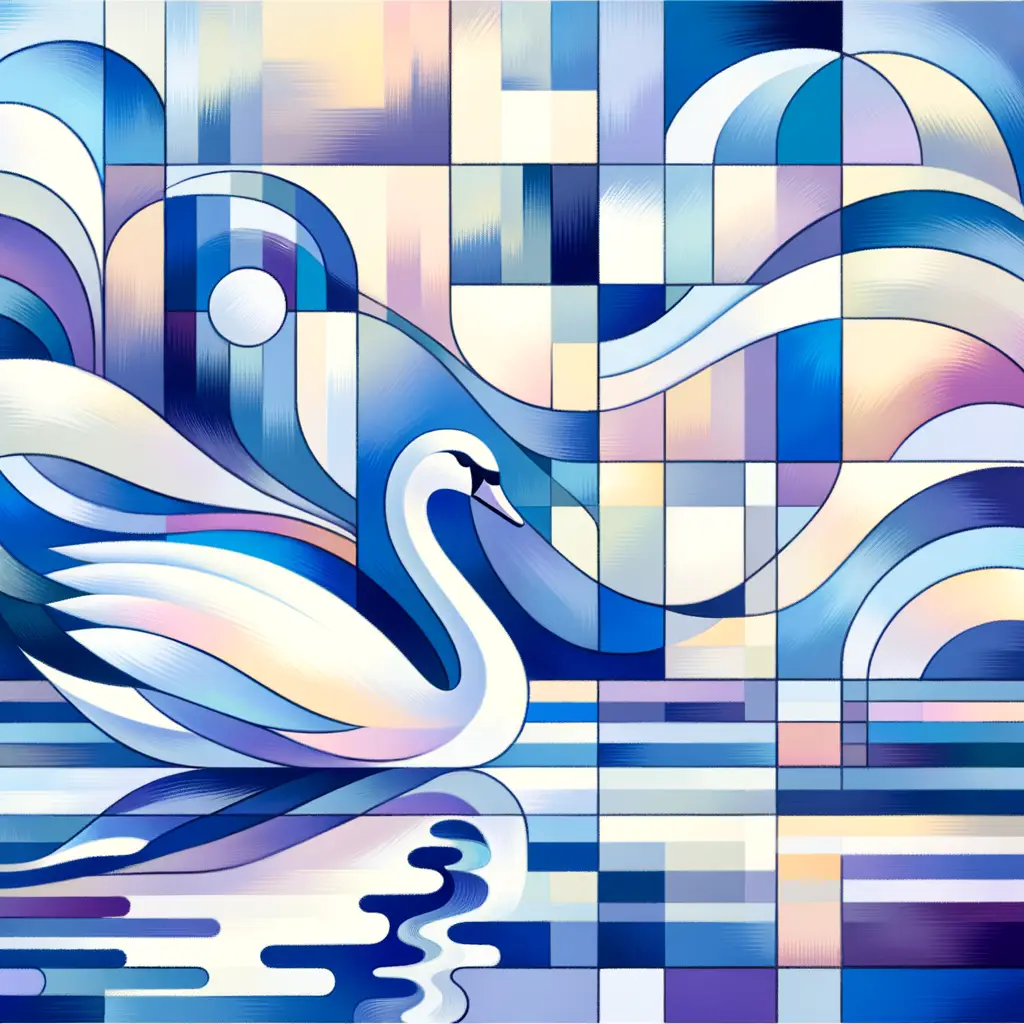 Whispers of Tranquility: Swan's Dance Amidst Cubist Blues