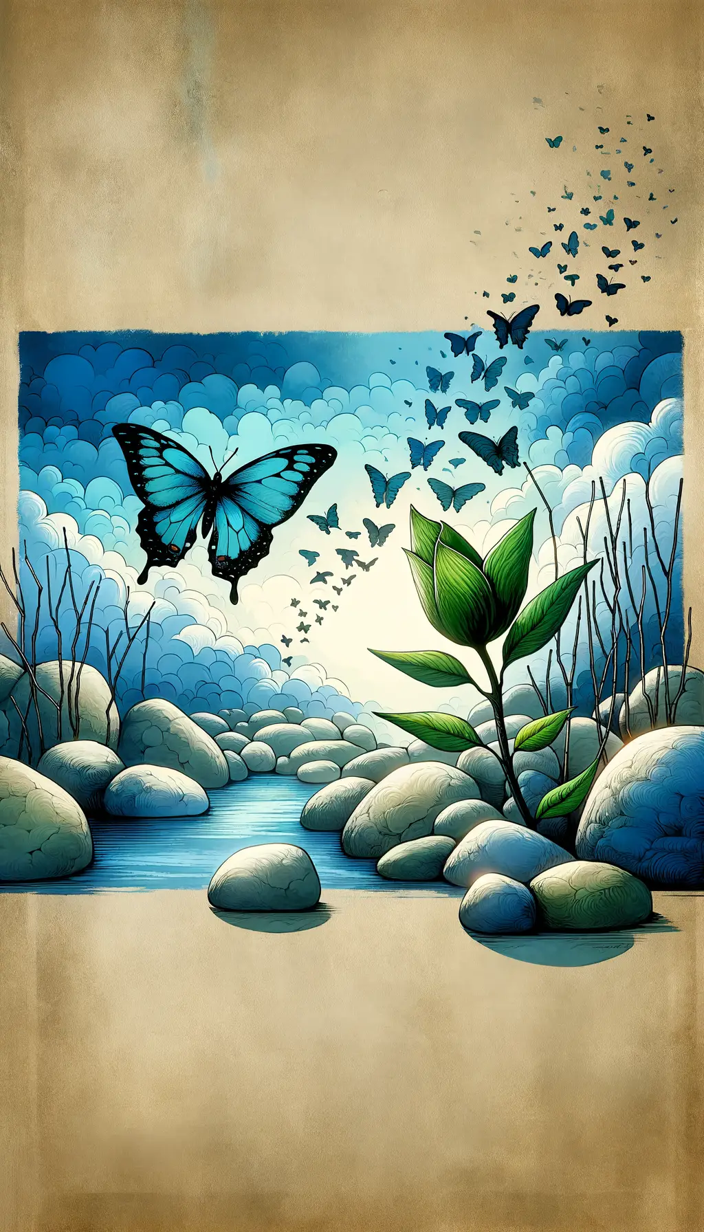 Solace Unveiled: A Butterfly's Journey in Tranquil Ink Wash