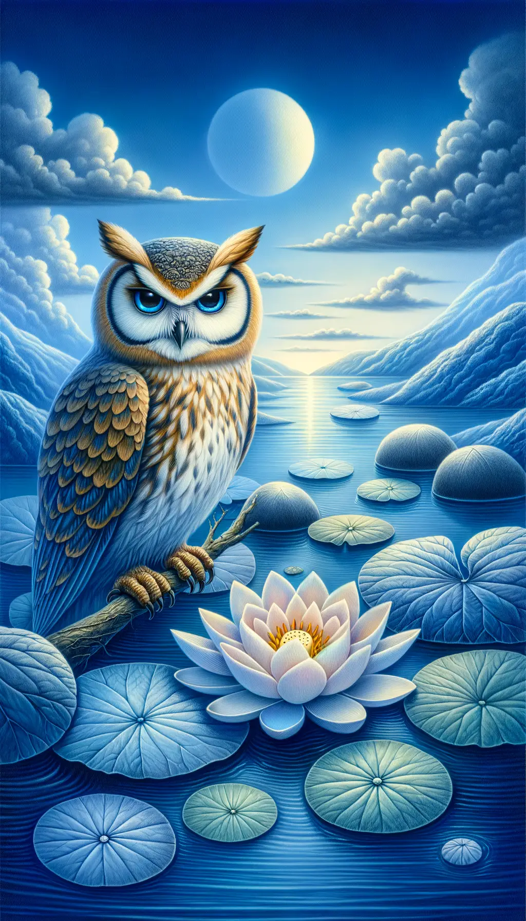 Ethereal Reflections: Wisdom and Blooms in Azure Serenity