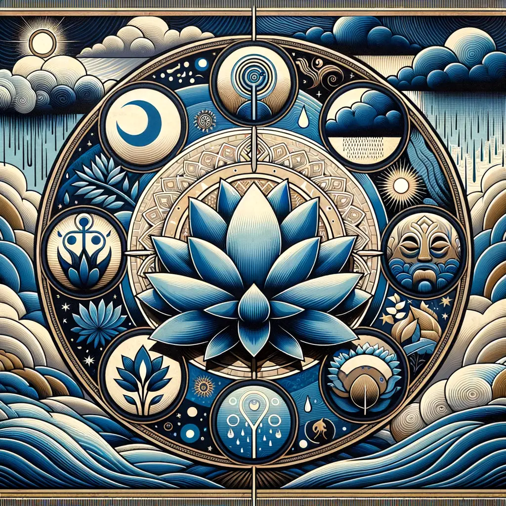 Blossoming Serenity: Rain Shower Renewal in Deep Blue Harmony