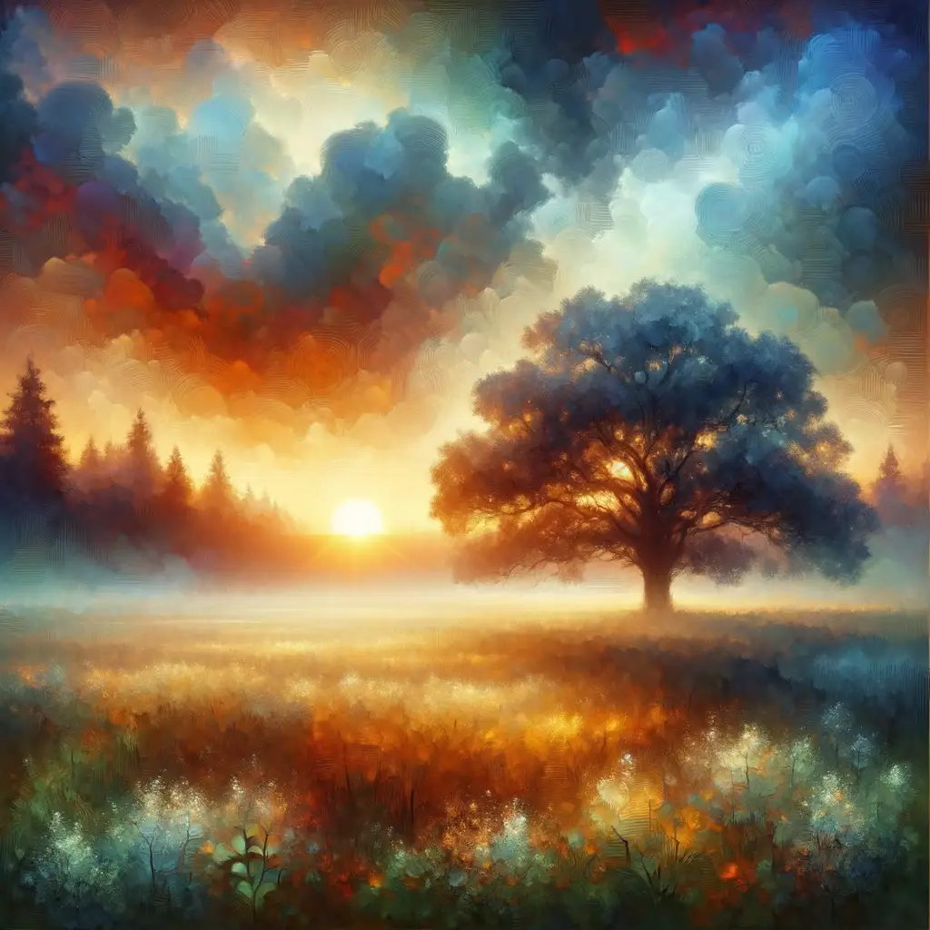 Resilient Reverie: Dawn's Embrace at the Majestic Oak