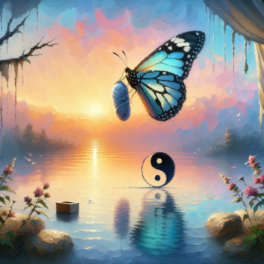 Harmony's Renewal: Wings of Transformation Amidst Sunset Reflections
