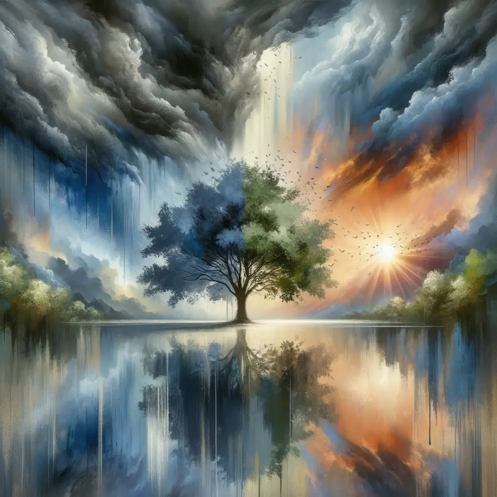Title: Whispers of the Resilient Oak: A Soulful Journey in Grays and Blues