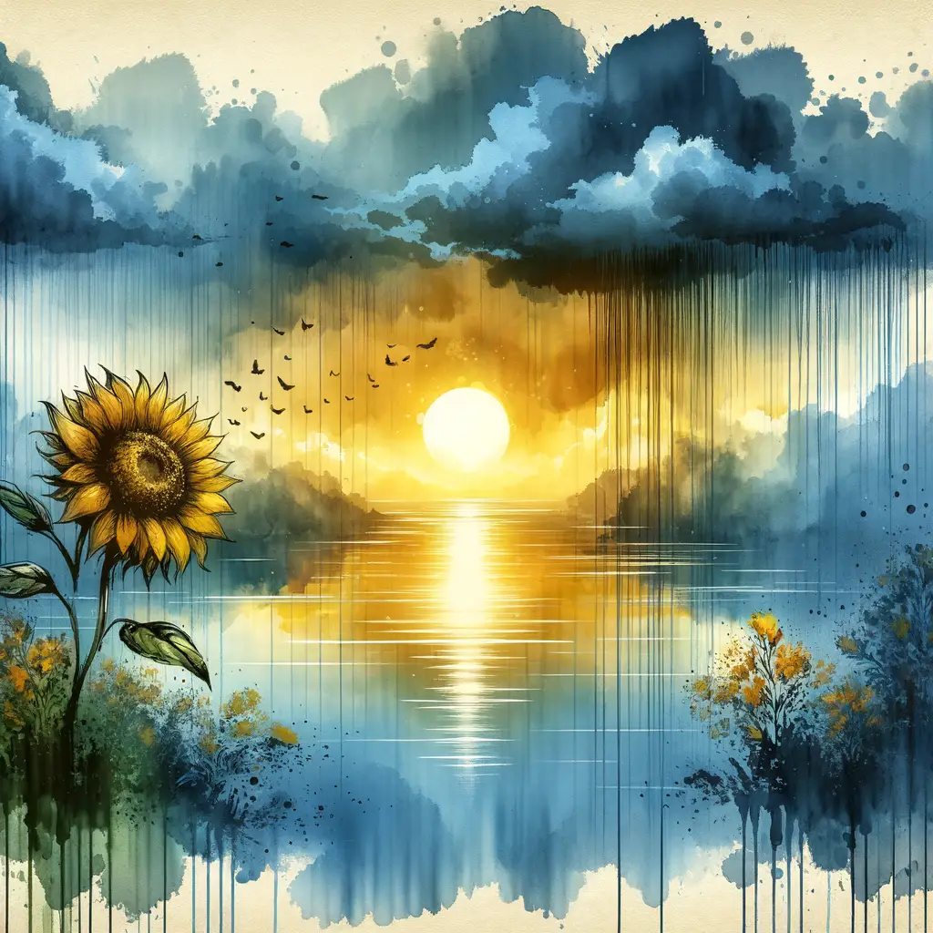 Sun Shower Symphony: A Golden Bloom Amidst Tranquil Rain
