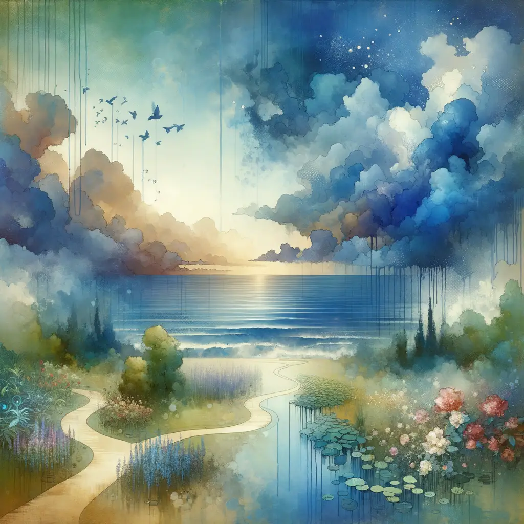 Azure Reverie: Echoes of Renewal in Rain-Soaked Gardens