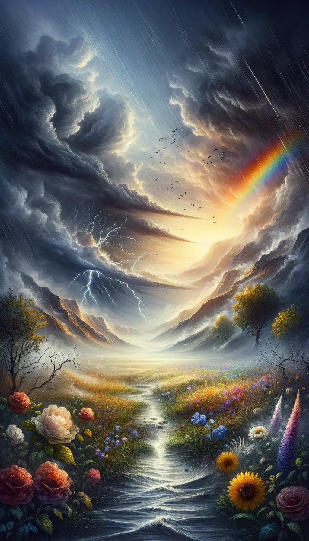 Glimmers Amidst the Tempest: A Rainbow's Grace in Darkness